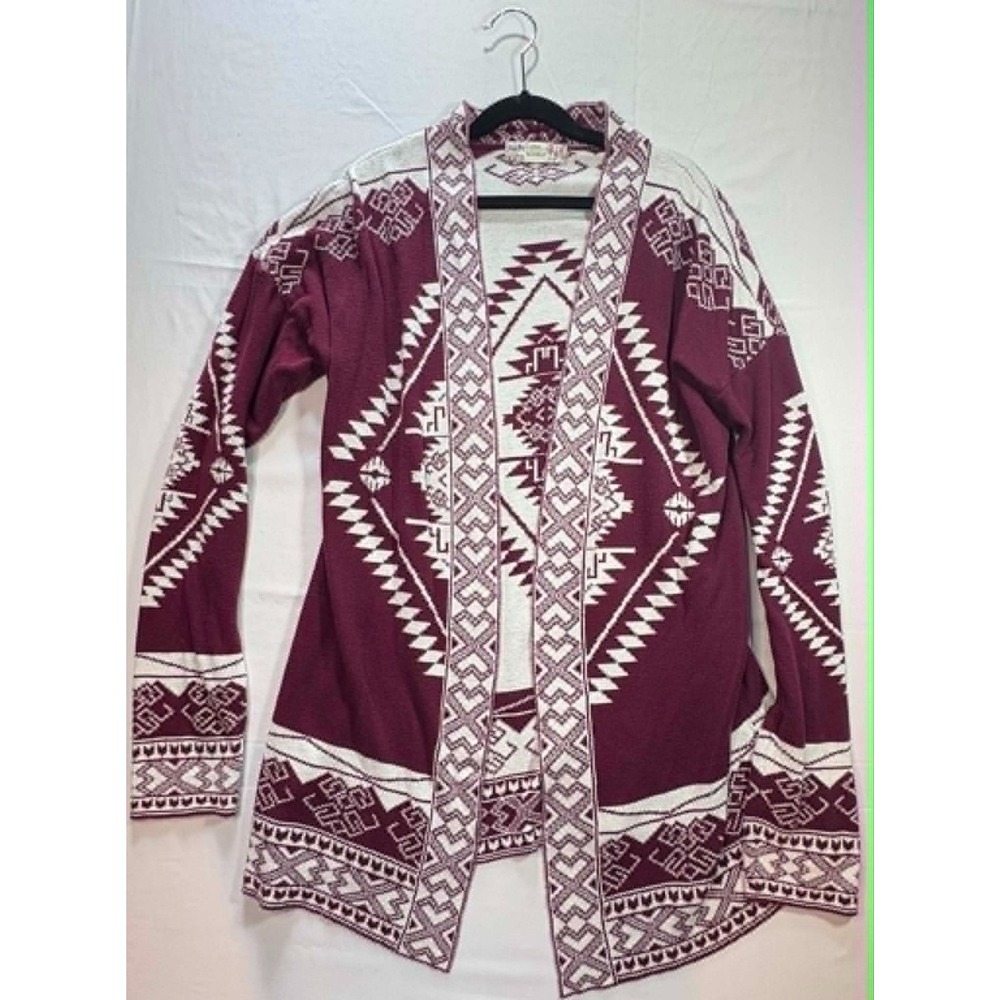 Pink Republic Aztec Cardigan Burgundy Cream Southwestern Tribal Women M Sweater